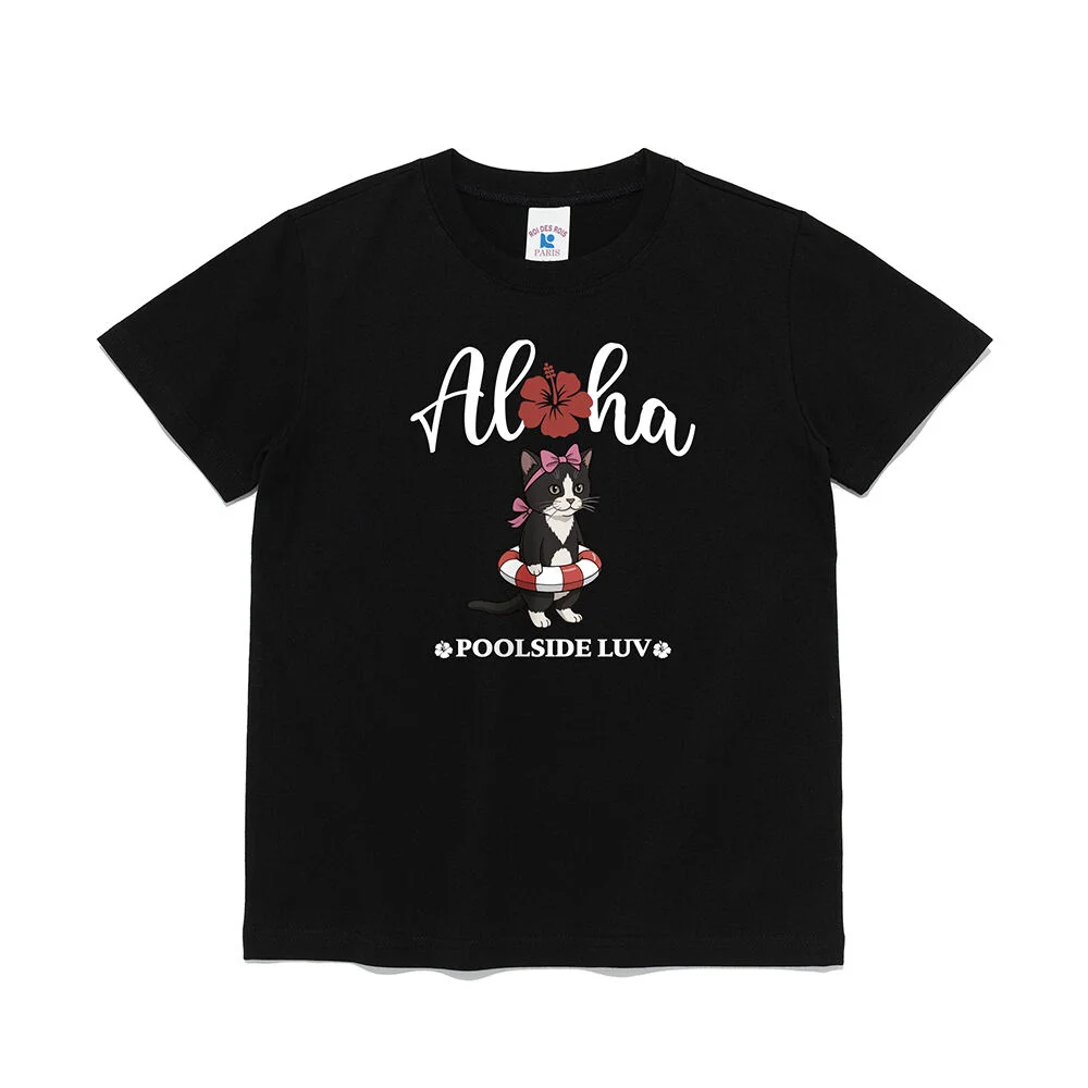 Aloha 海灘 貓跟 貓 圖案 女裝 短袖T恤 (黑色)