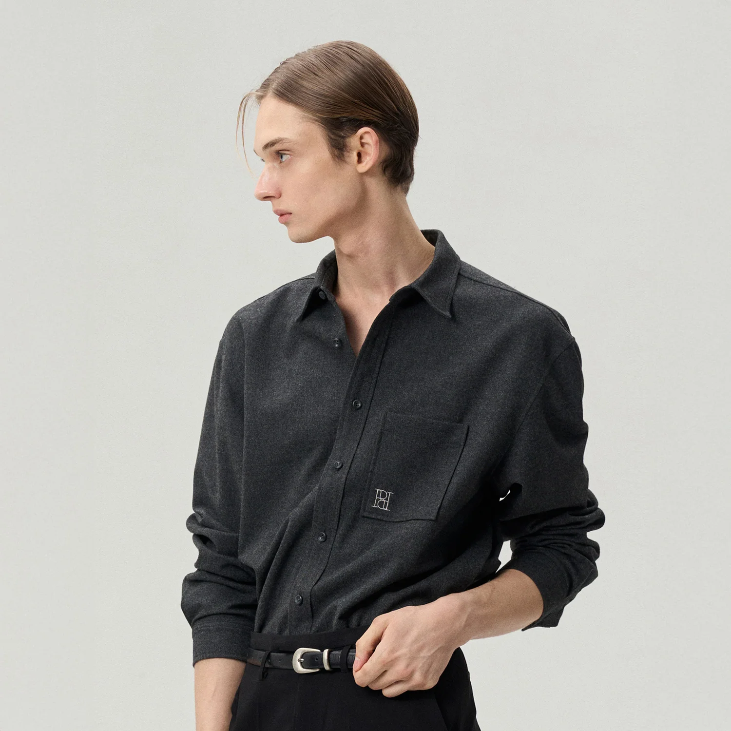 LOGO EMBROIDERED WOOL SHIRT CHARCOAL