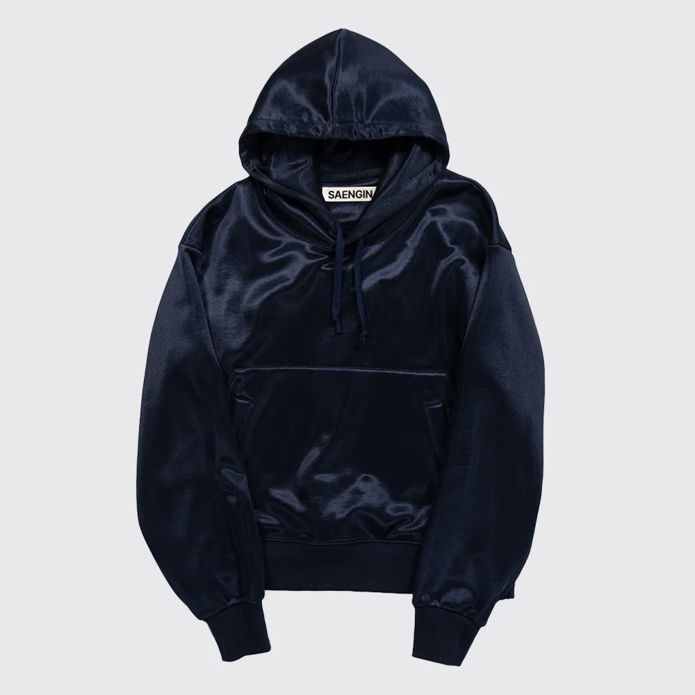 GLOSSY SATIN HOODIE - NAVY