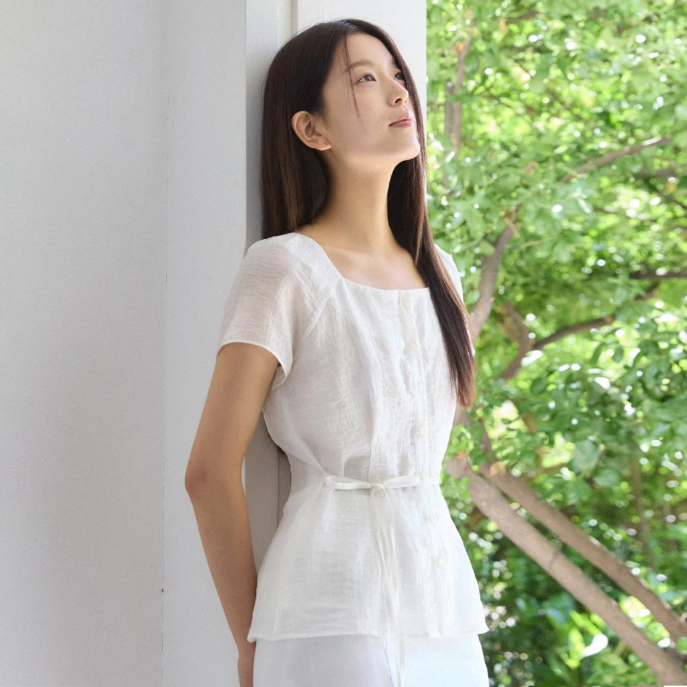 Square neck pintuck see through blouse - Ivory