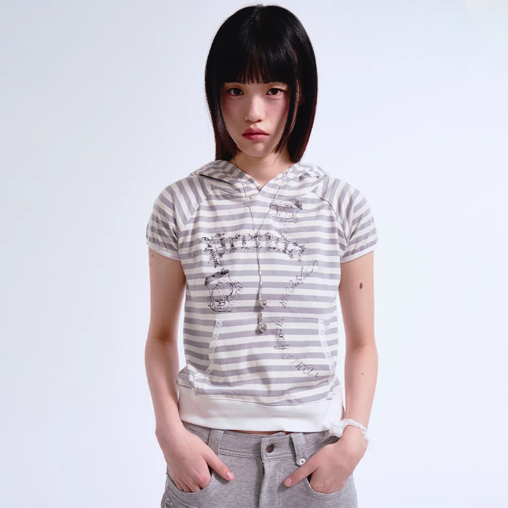 STRIPE HOODIE SHORT SLEEVE GRAY