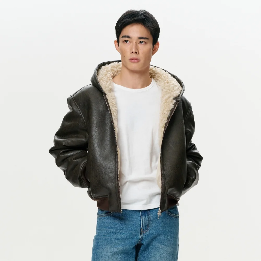 UNISEX ERA FAUX SHEARLING HOODED JACKET - BROWN