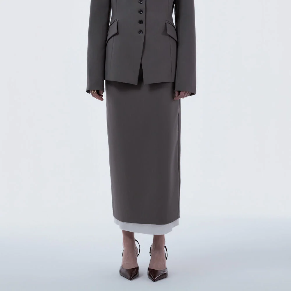 Contrast Layered Slim Line Long Skirt - Ash Brown