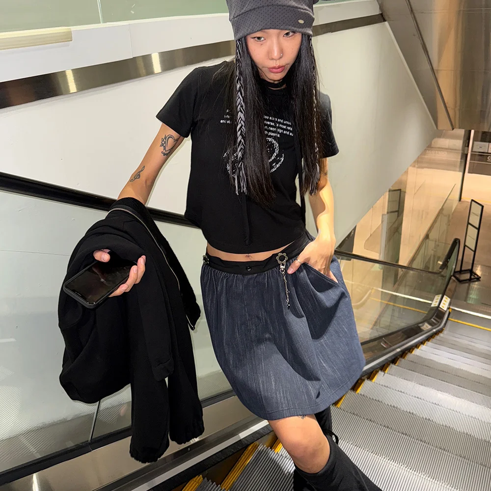 Bijou A線條 愛心 蜜桃色 喇叭 牛仔 半身裙_海軍藍