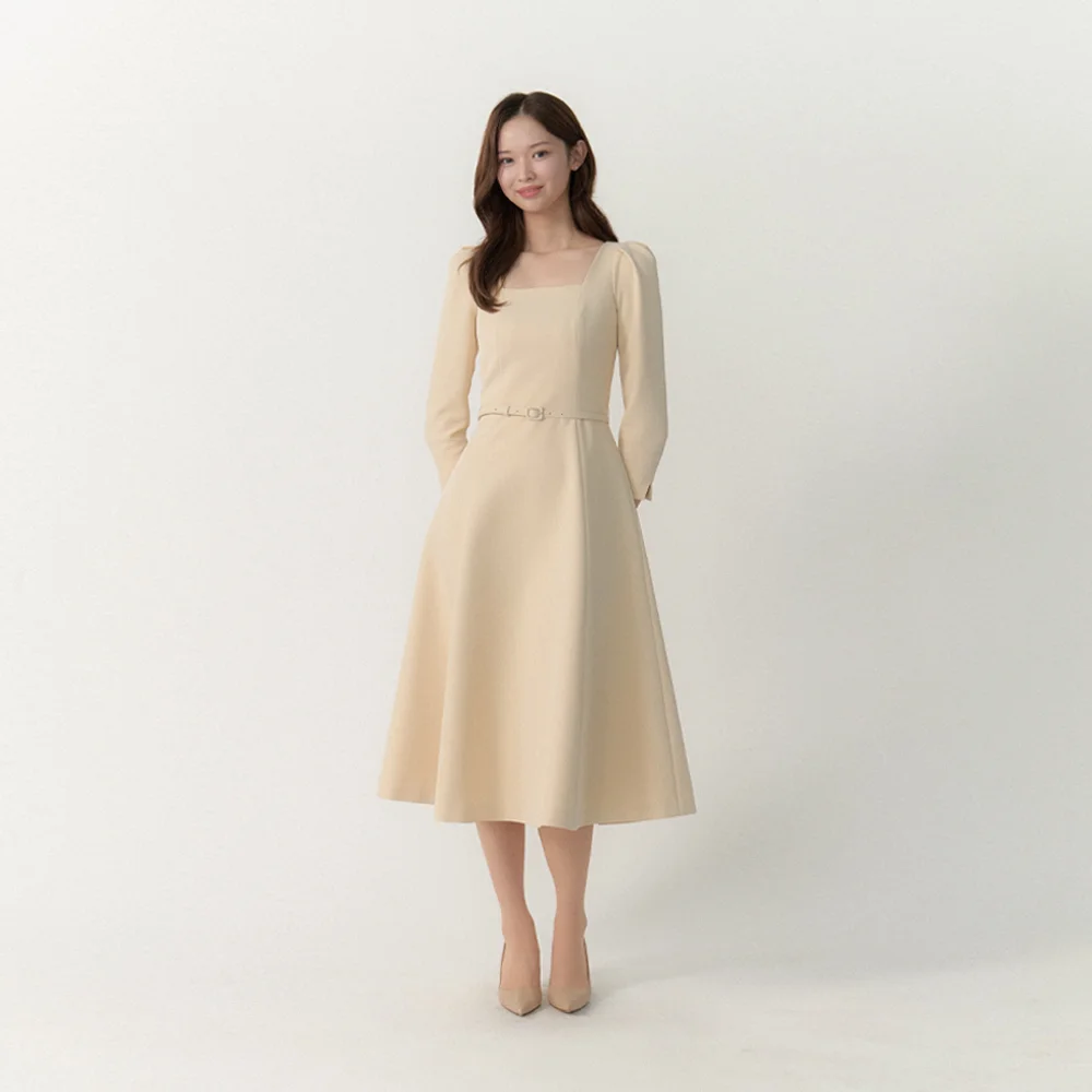 Square-neck Flare Dress(LL) / Butter Yellow(5color)