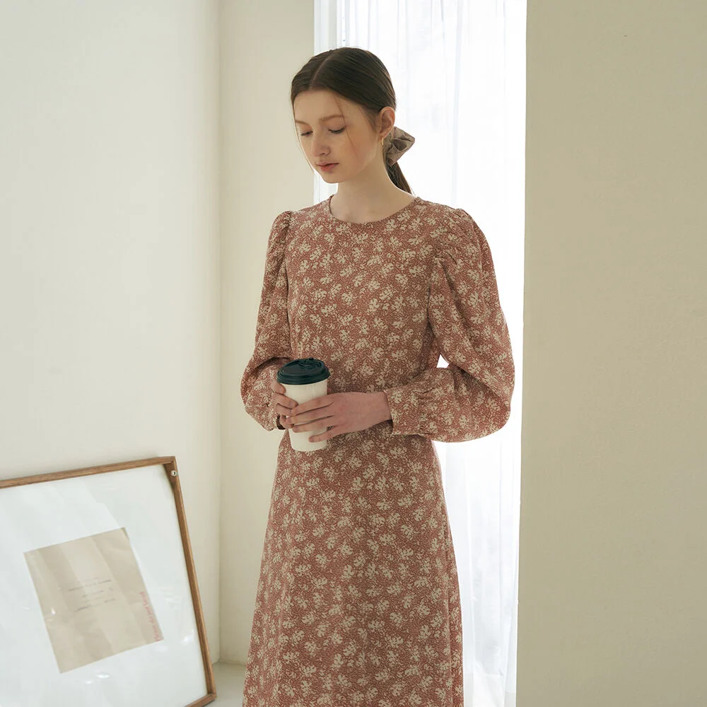 Smocking flower pattern puff long dress - coral pink
