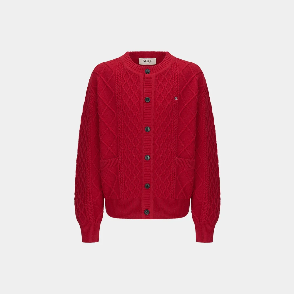 (M) CABLE WOOL-BLEND KNIT CARDIGAN - RED