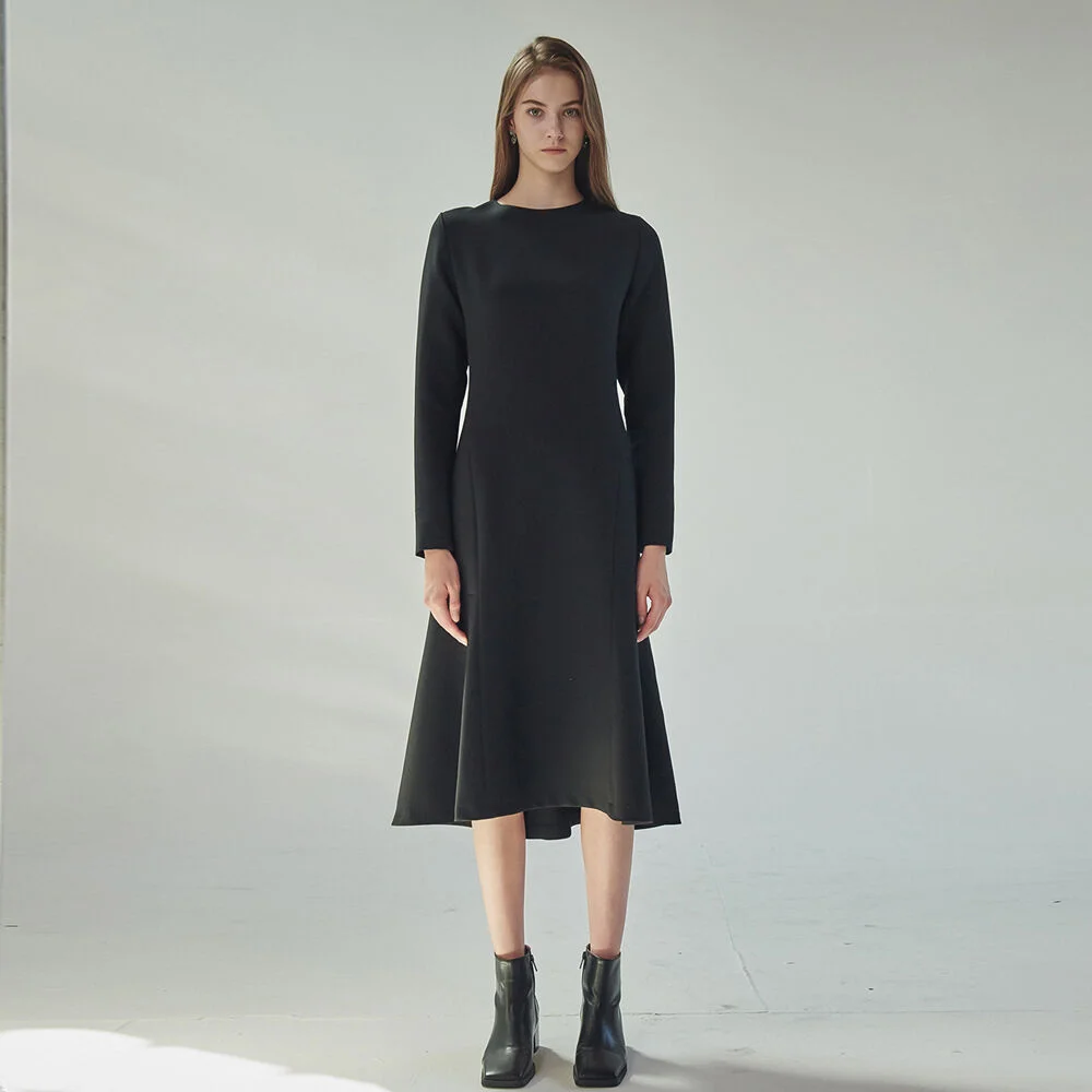 MERMAID LINE FLARED MIDI DRESS_BLACK