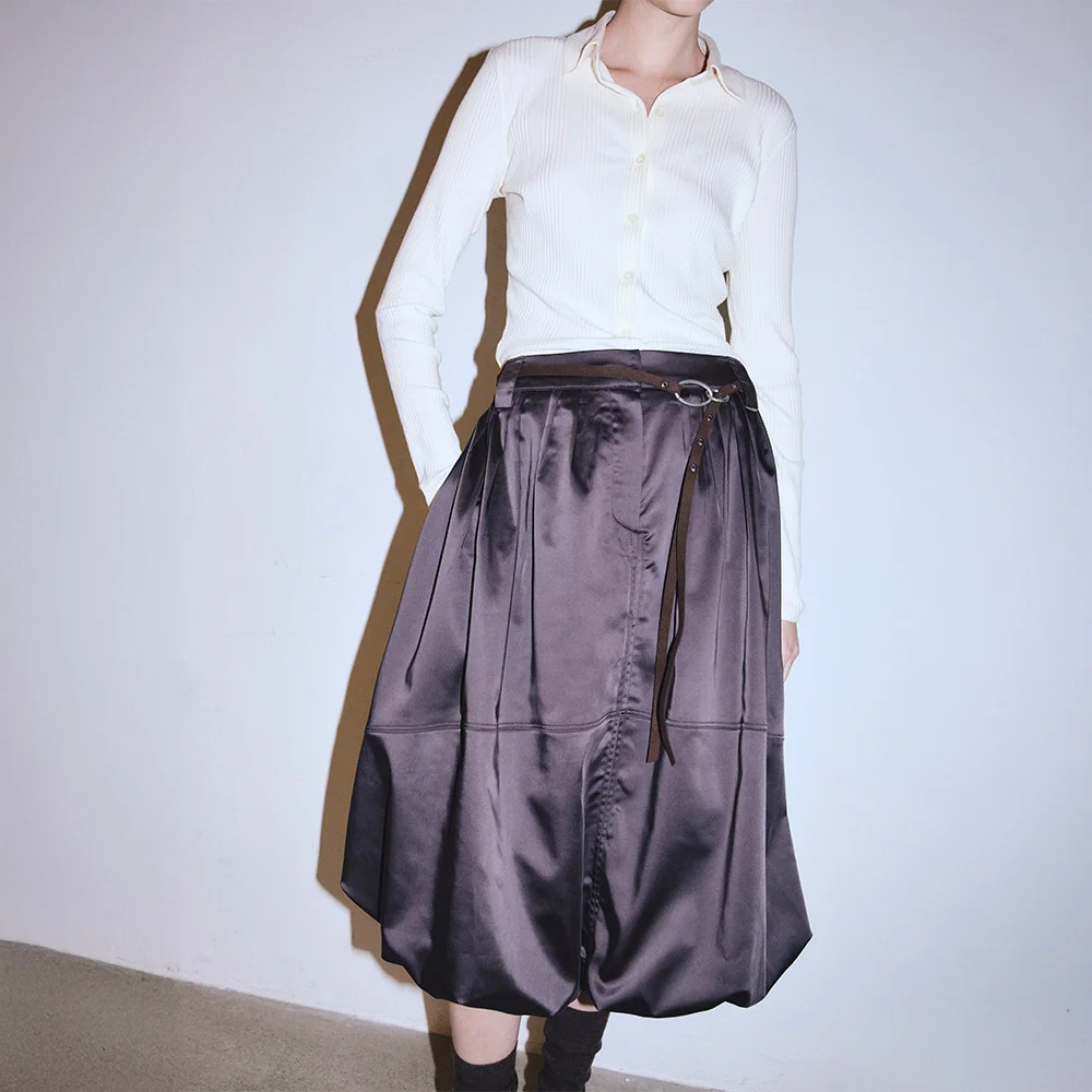 Satin Balloon Skirt (Brown)