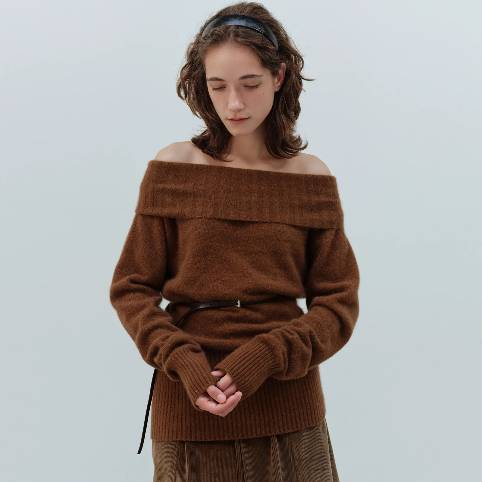 Off Shoulder Raccoon Knit(Brown)