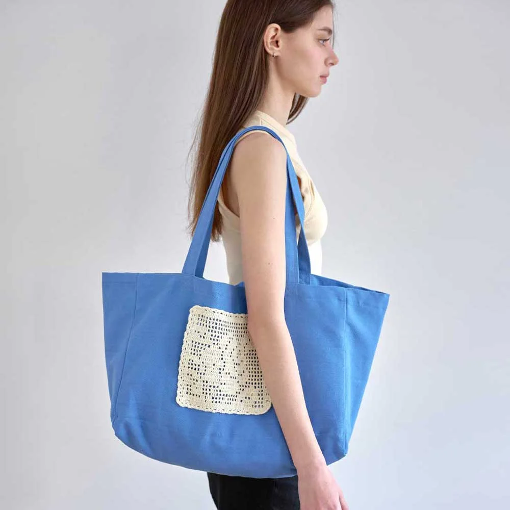 Flower Doily Big Canvas Shopper Bag _ Blue (花卉 蕾絲墊 方格編織 手工製 鉤織 大 帆布 購物袋)