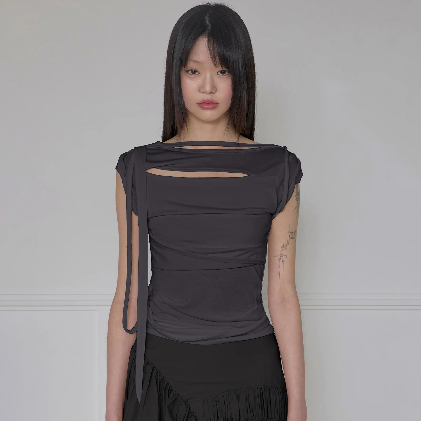 Asymmetrical Draped Strap Roll-Up T-Shirt (FL-170_Charcoal)