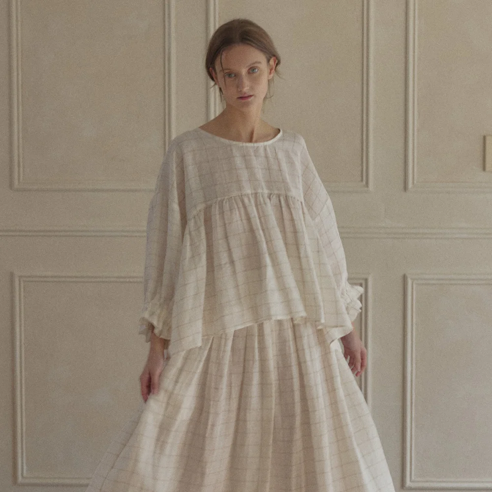 Puff shirring linen blouse