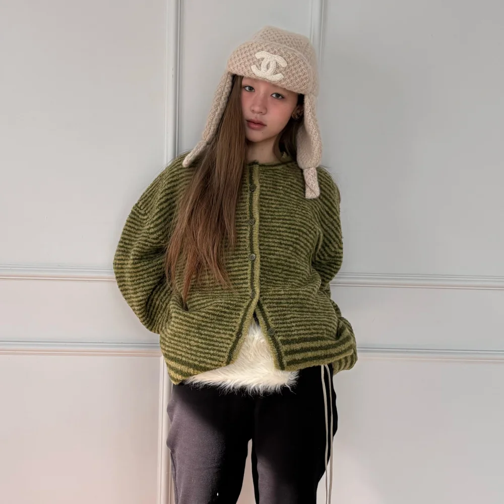 Chouetties by LUCKY CHOUETTE Unbalance Stripe Knit Cardigan (olive) LAWCX25300OLV