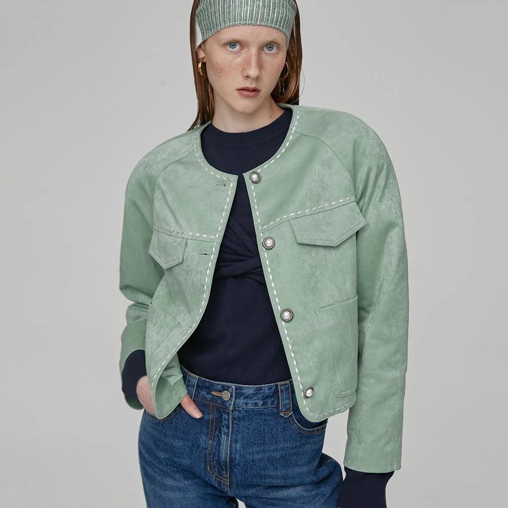 LINE STITCH CROP JACKET - GREEN