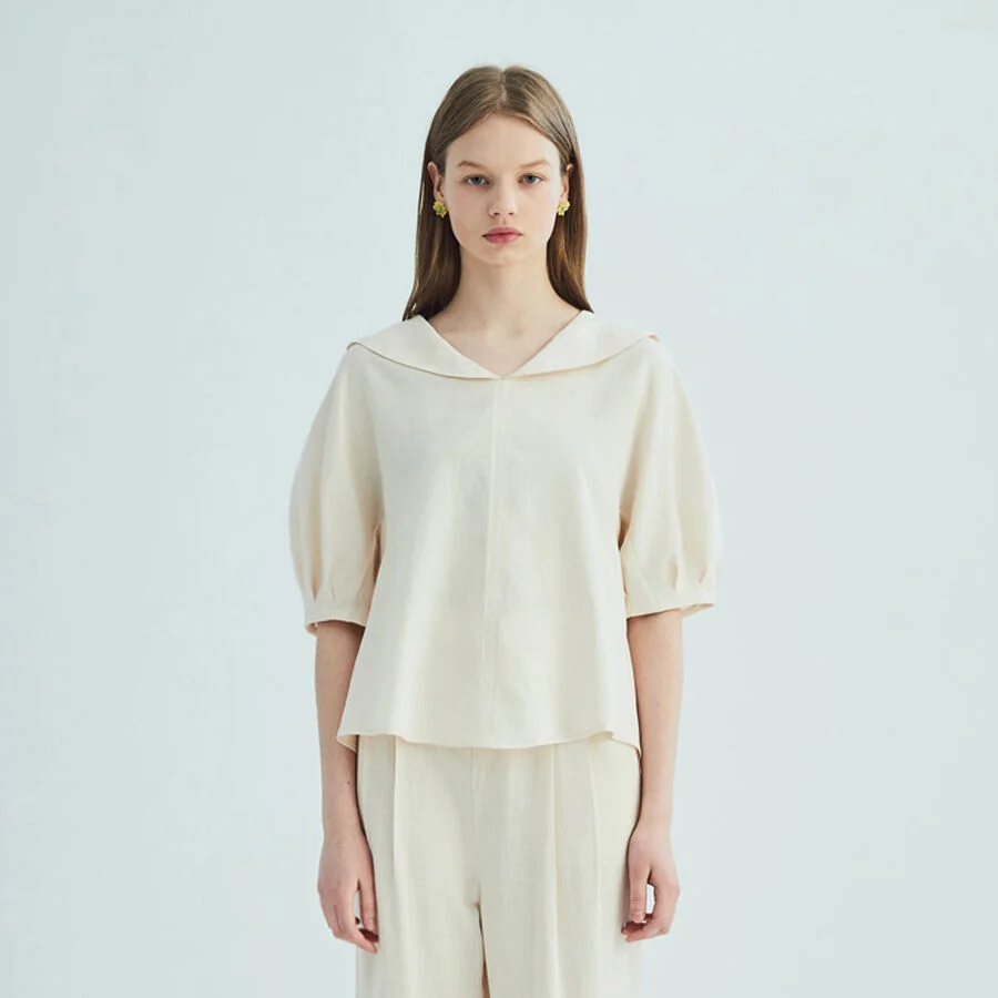 SAILOR COLLAR LINEN PUFF SLEEVE BLOUSE_BEIGE