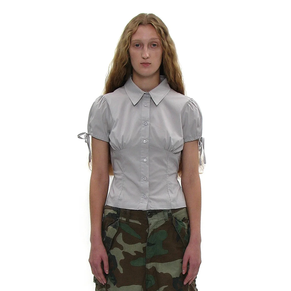 BOWTIE PUFF SLEEVE BLOUSE_LIGHT GREY