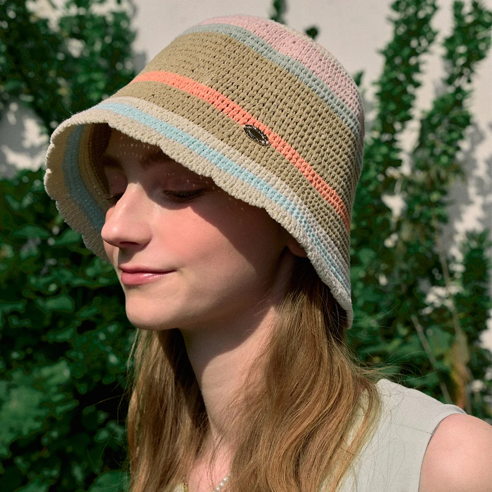 Ripple Point Multi Stripe Bucket Hat - Beige Multi