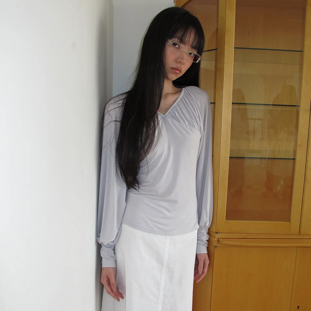 Ribbon shirring tee (Light gray)