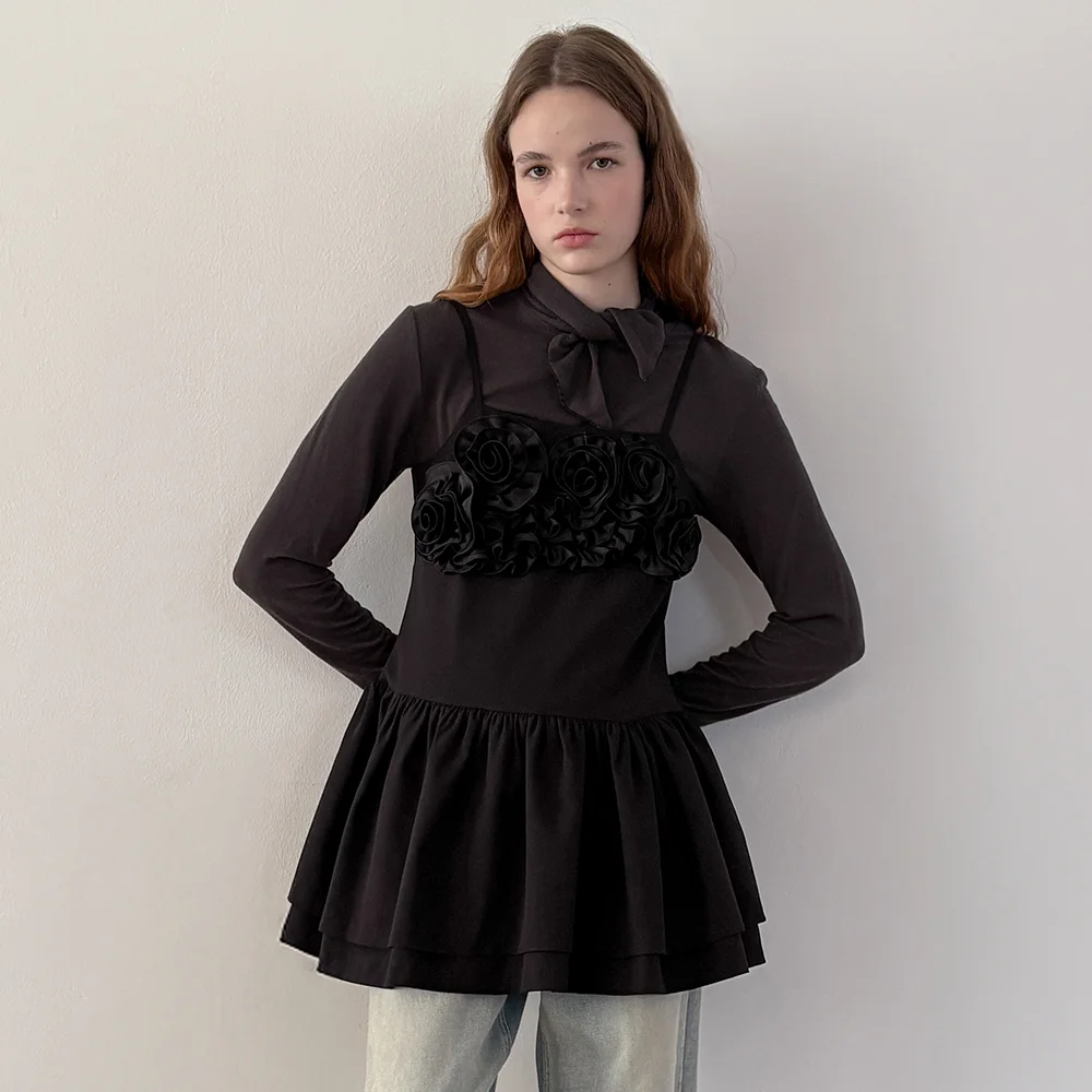 Rose Frill Mini Dress (Black)