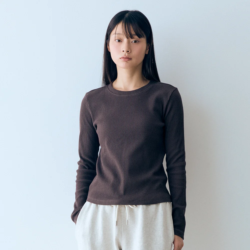羅紋 圓領 長袖 T恤 Dark Brown
