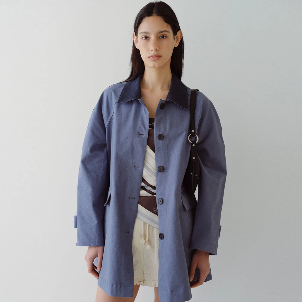 CONTRAST COLLAR WORK COAT - BLUE