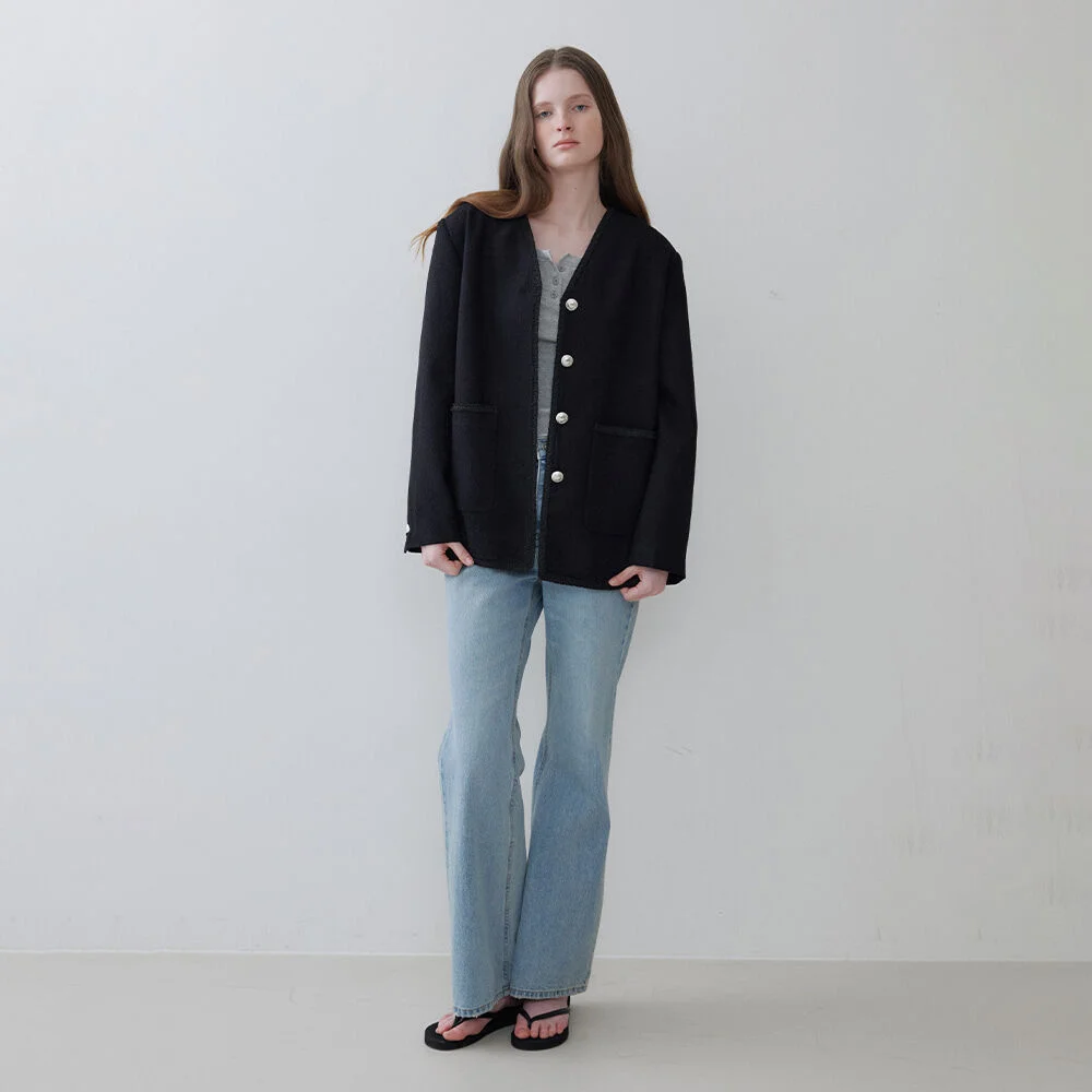 V-neck tweed jacket _Black
