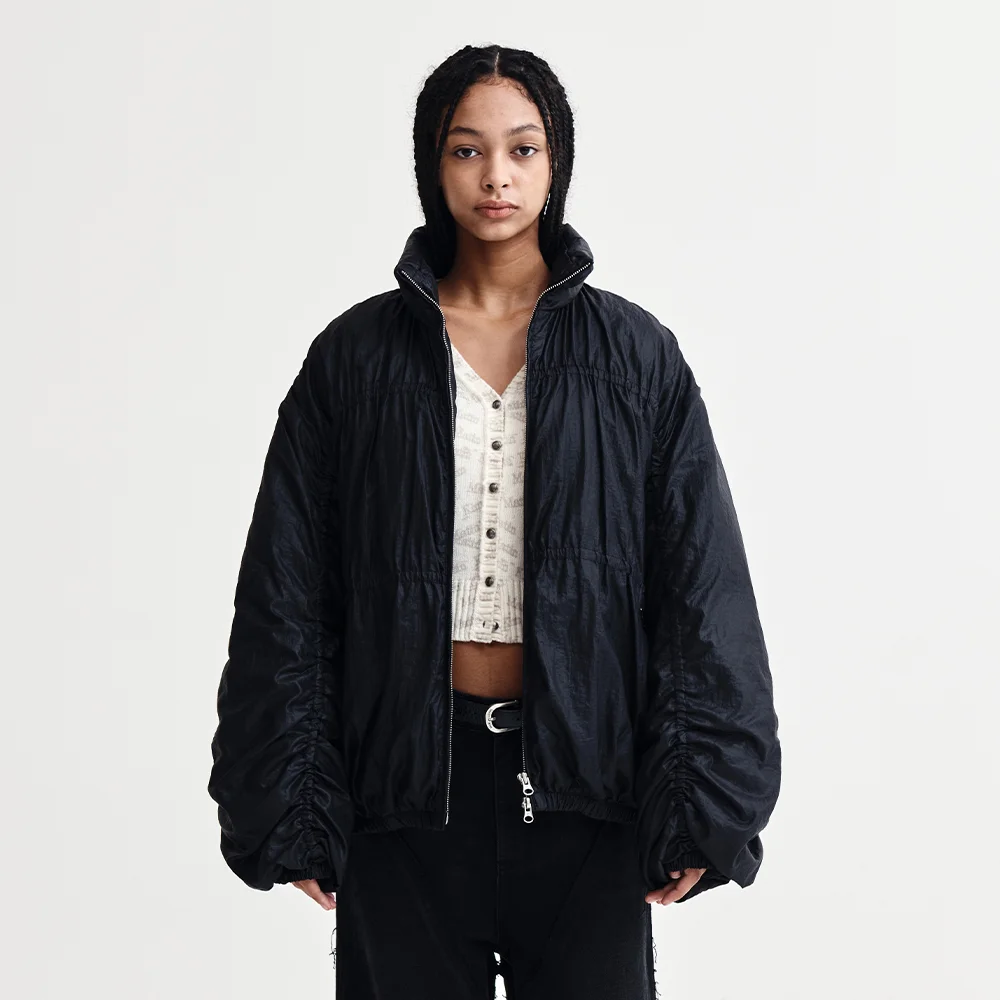 HIGH NECK SHIRRING DOWN JUMPER IN BLACK