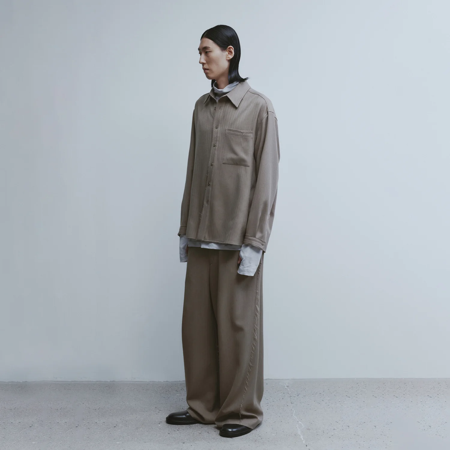 Cut-off Loosed Shirt - Beige Herringborn