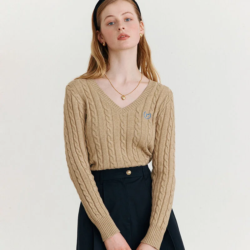 ROLA V NECK CABLE KNIT BEIGE