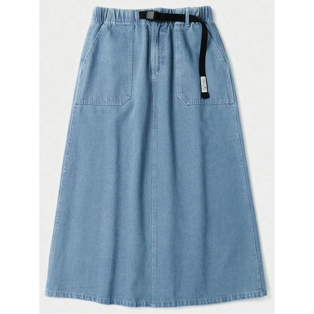 SL-LABEL BELTED DENIM SKIRT 淺色牛仔