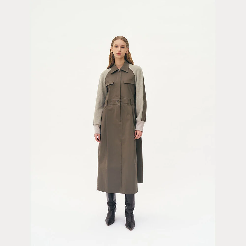 Raglan jersey-layered gabbardine dress (Light Grey)