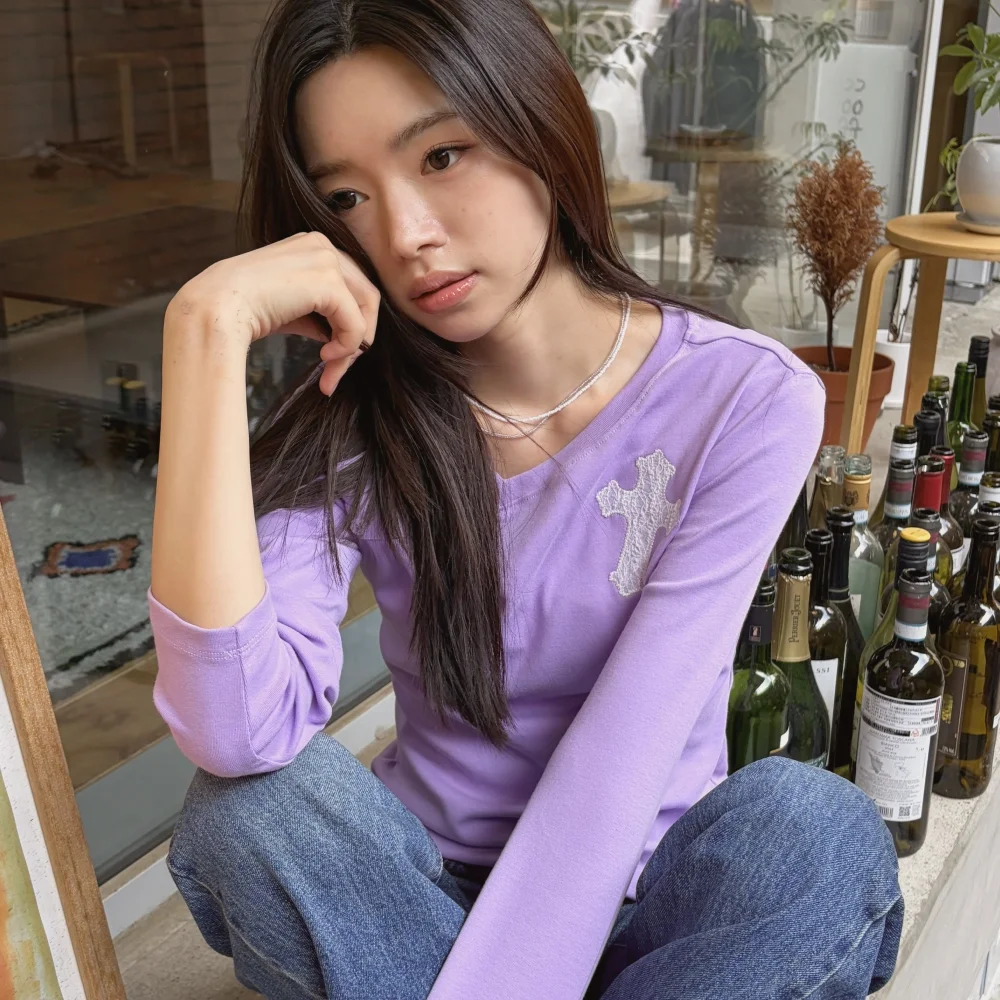 Cross Motif Unbal Button Long Sleeve Light Purple
