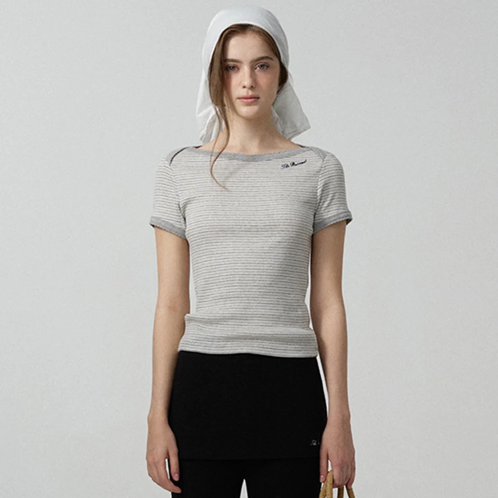 Noelle Boat Neck Stripe Slim Top_Grey