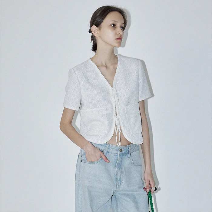 V-NECK SUMMER TWEED JACKET - WHITE