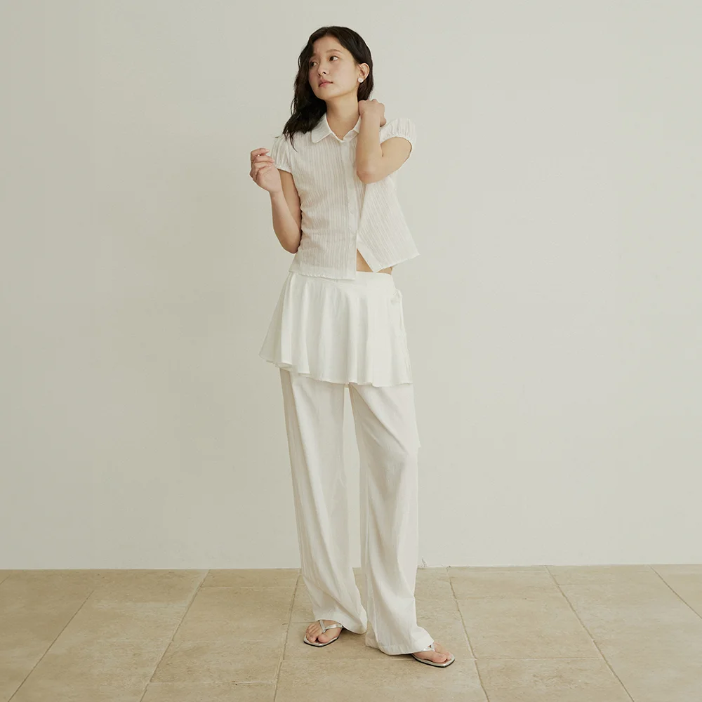 Nylon flare layered skirt pants - white
