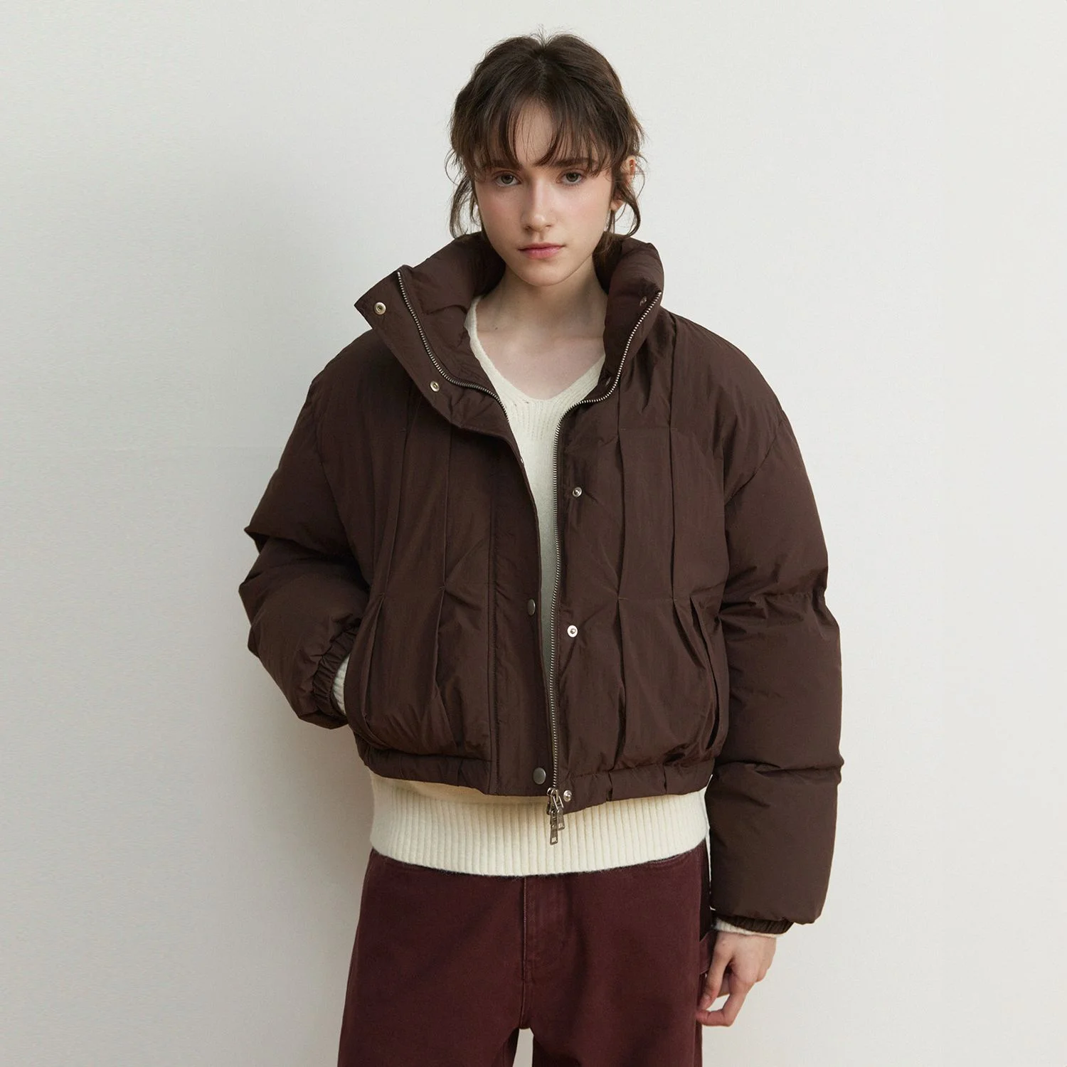 百褶 高領 Puffer 外套_Brown