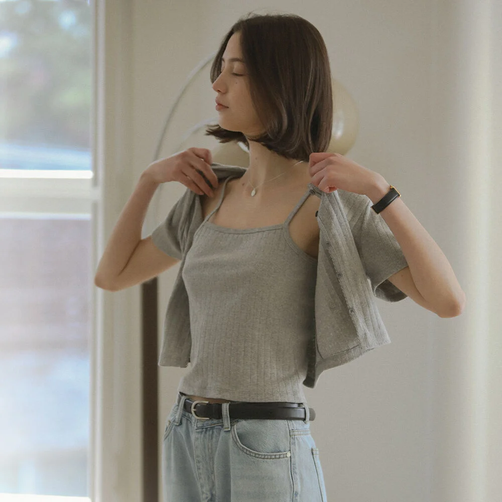 Sleeveless set half sleeve eyelet cardigan_Melange