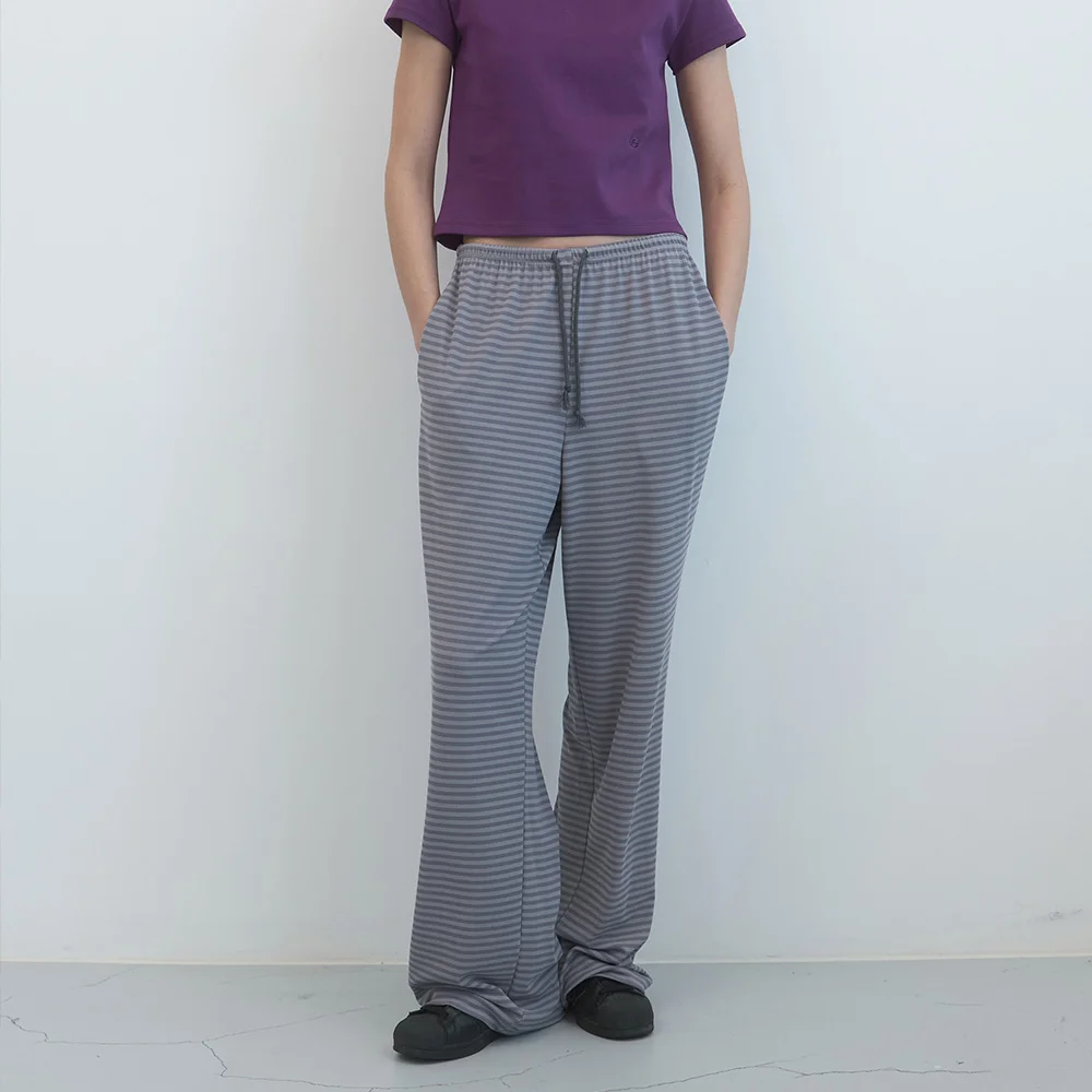 寬版 居家 鬆緊帶 褲子 (Grey Stripe)