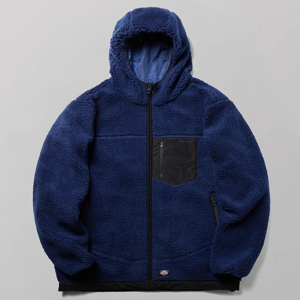 搖粒絨 口袋 拉鏈 連帽衫 Navy