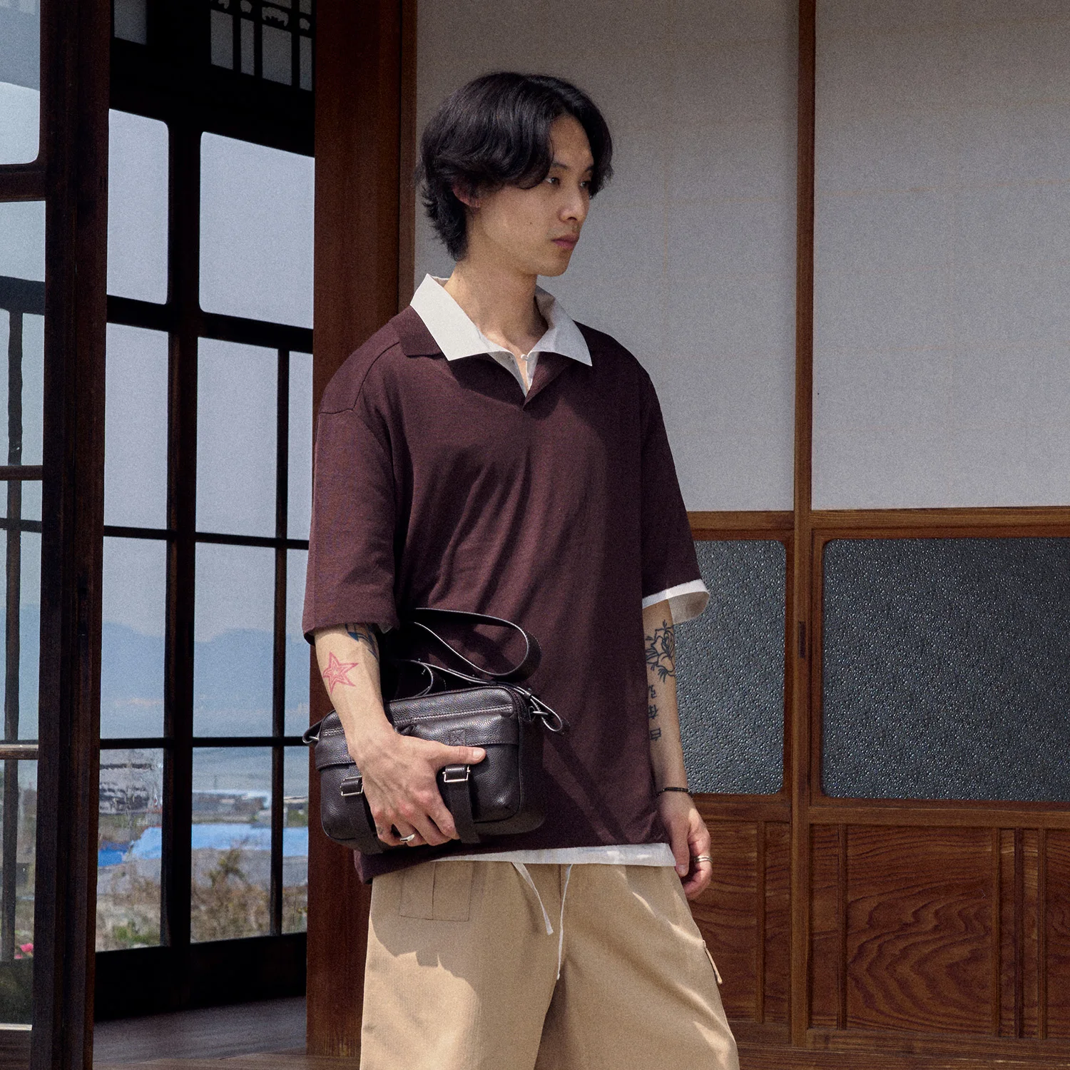 Knit Collar T-shirt - Dark Brown