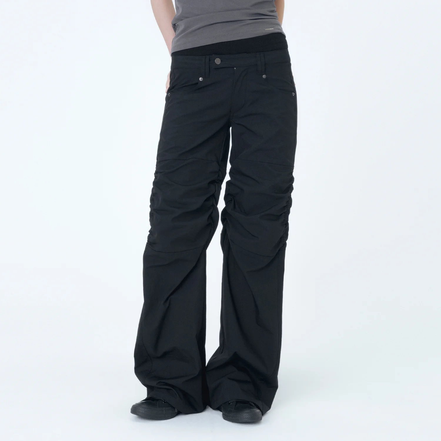 Ribbed layered shirring pants BLACK