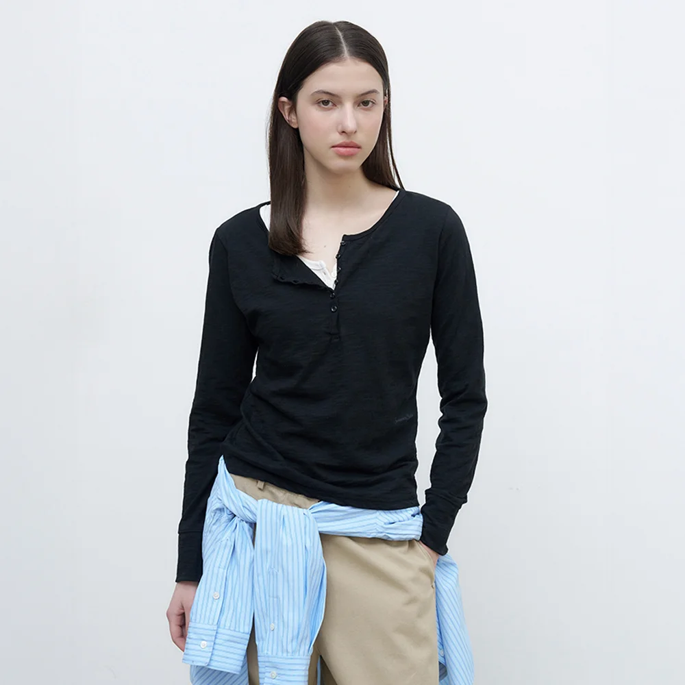 Slub Henley Long Top - Black