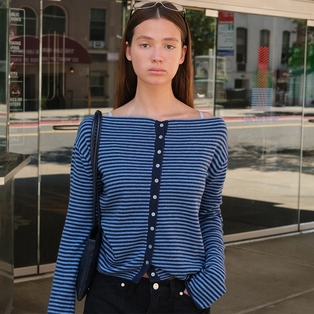 Lane Stripe Button Cardigan - Blue