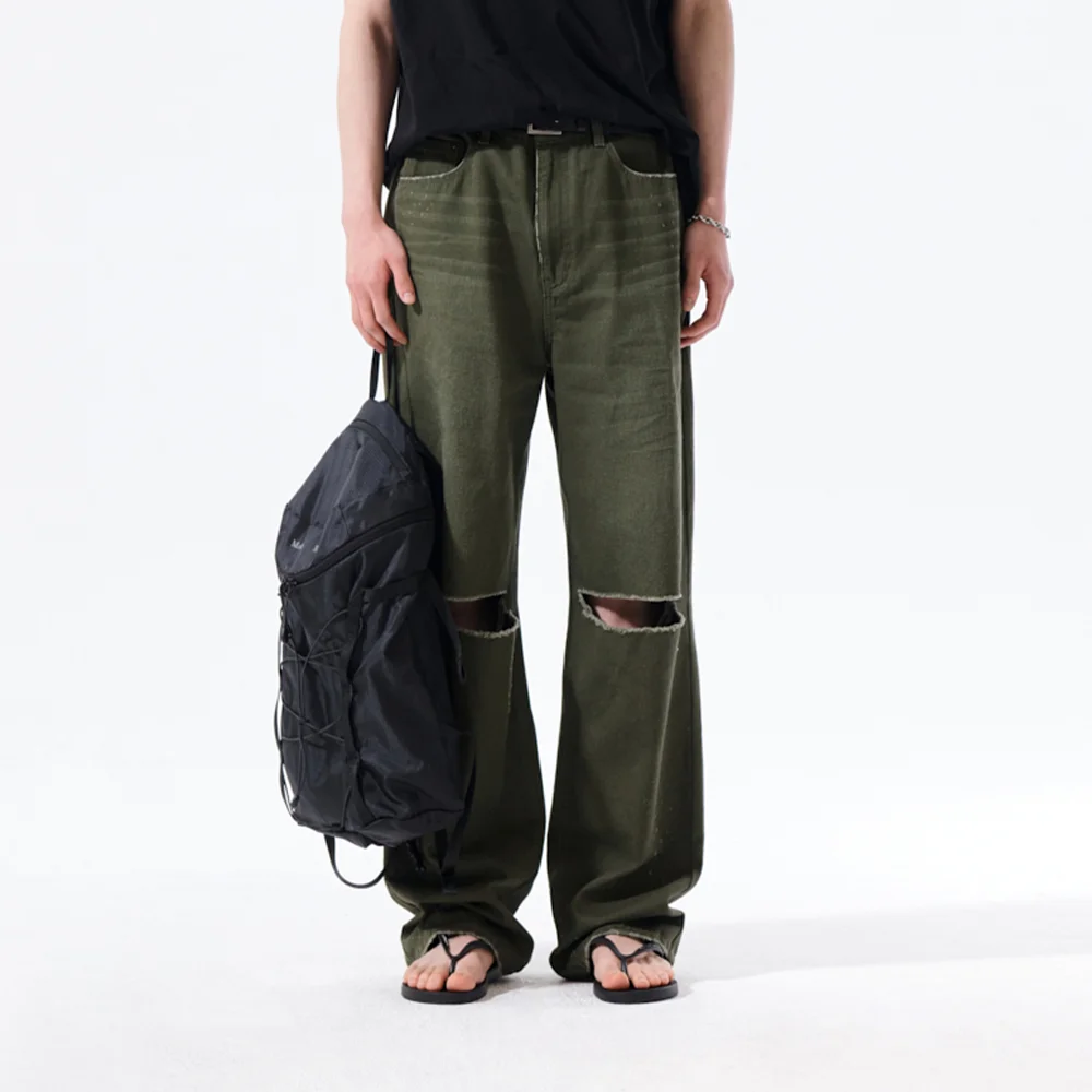 DISTRESSED DENIM PANTS FOR MEN IN KHAKI