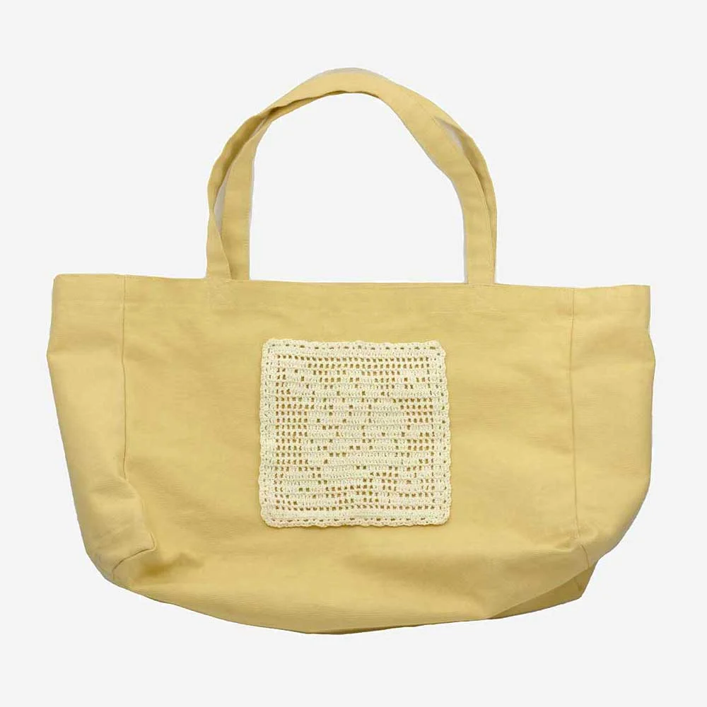 Flower Doily Big Canvas Shopper Bag _ Butter Yellow (花卉 蕾絲墊 方格編織 手工製 鉤織 大 帆布 購物袋)