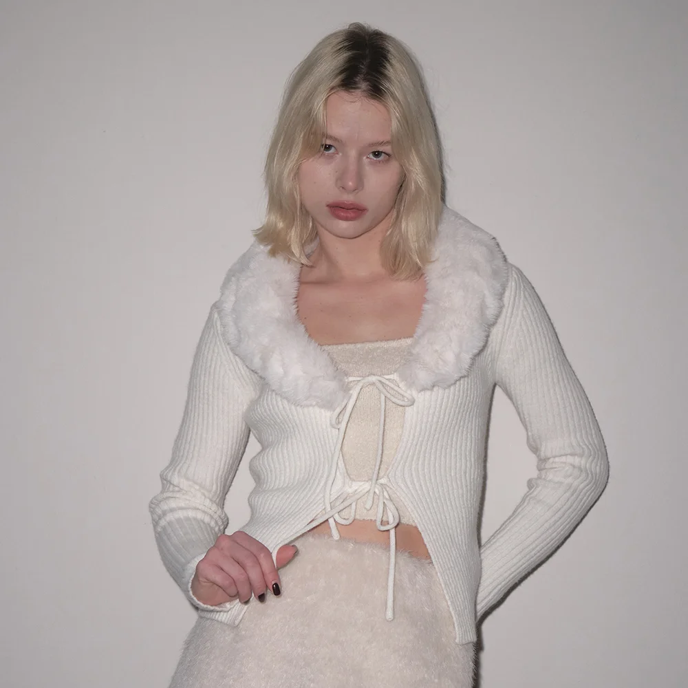 FUR COLLARED CARDIGAN (IVORY)