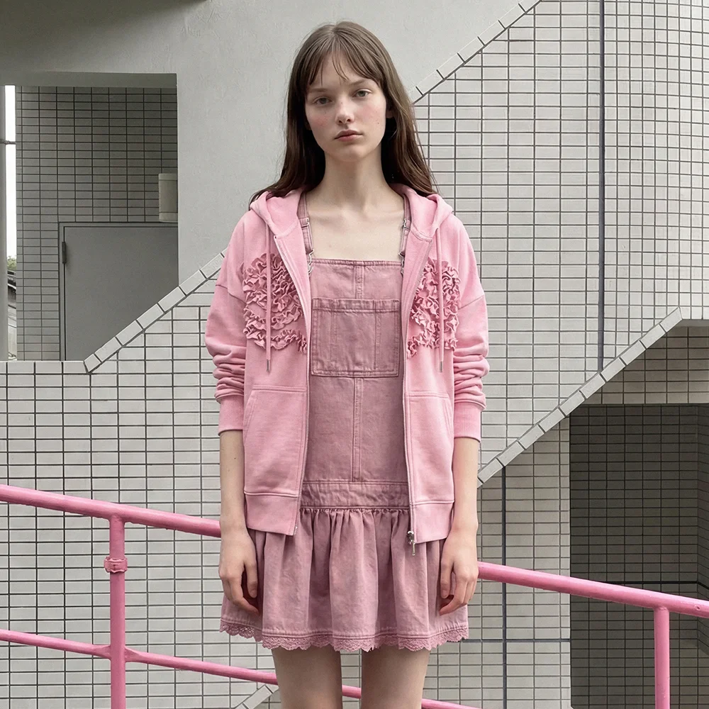 Pink X Sinoon Rose Frill Hooded Zip-Up (Pink)
