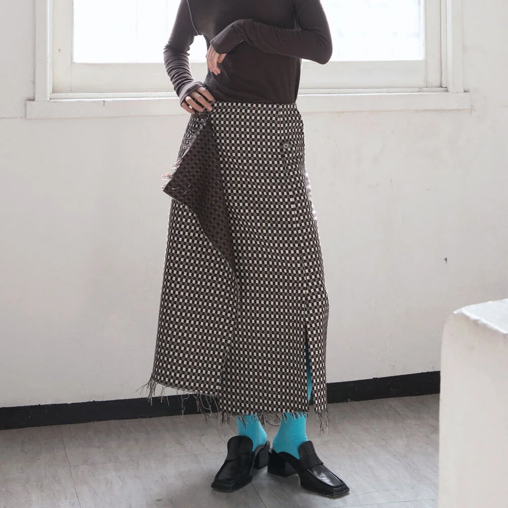 JACQUARD WRAP SKIRT / CHECK BROWN