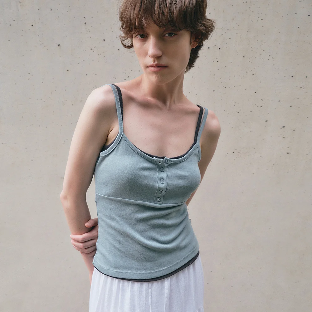 Button placket layered tank top_Sky blue